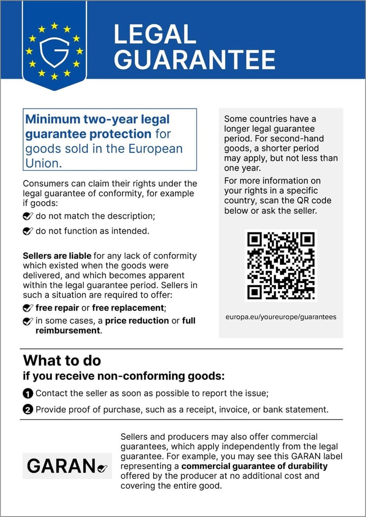 The notice in English: Legal guarantee